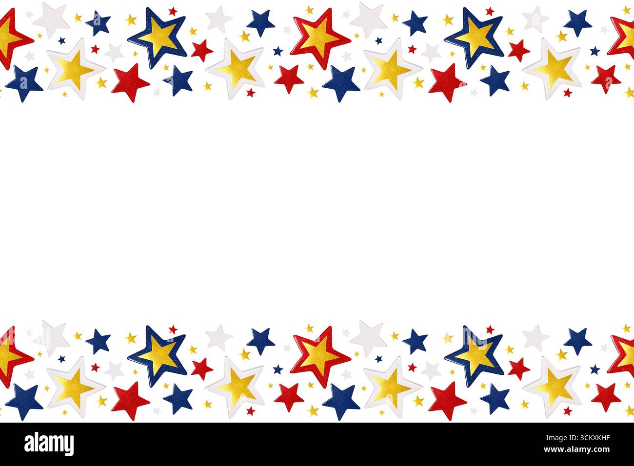 Cornice colorata senza cuciture con stelle glitterate rosse, blu, oro e bianche su sfondo bianco. Foto Stock