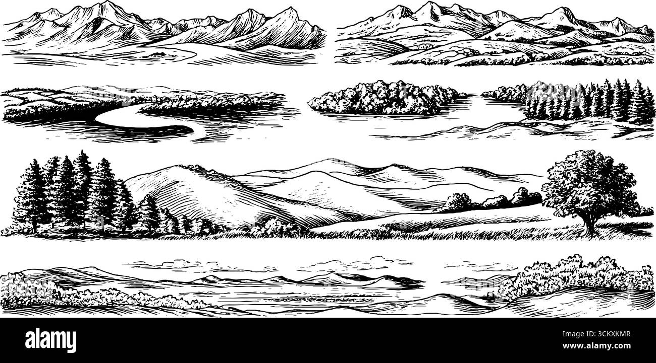 Paesaggi panoramici di delta del fiume e colline ondulate in schizzi d'inchiostro. Illustrazione Vettoriale