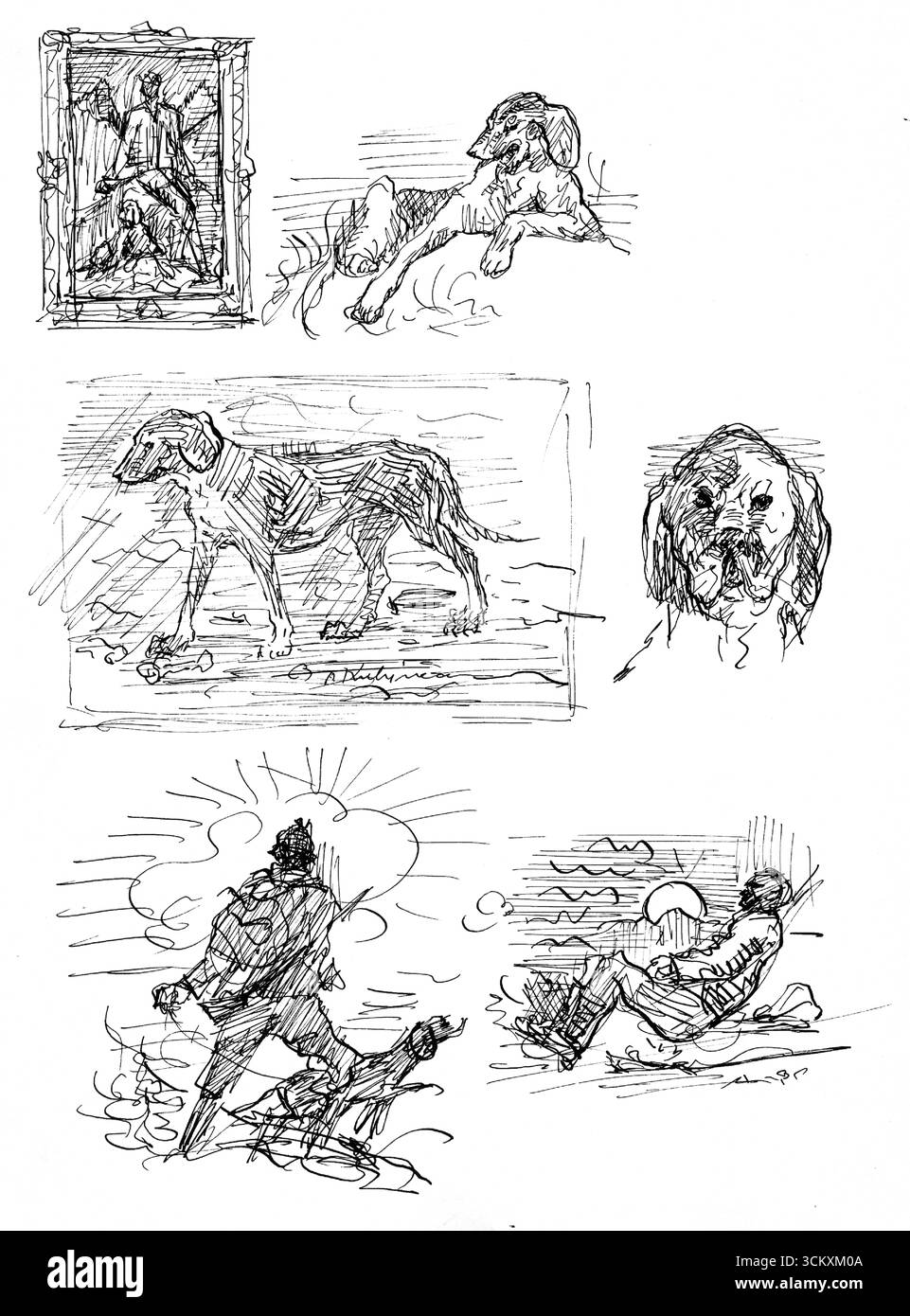 Sketchbook 22: Sketches of Dogs and Hunters di Arnold Peter Weisz Kubincan, Early 20th Century Hunting Scene, High-Resolution Public Domain artwork Foto Stock