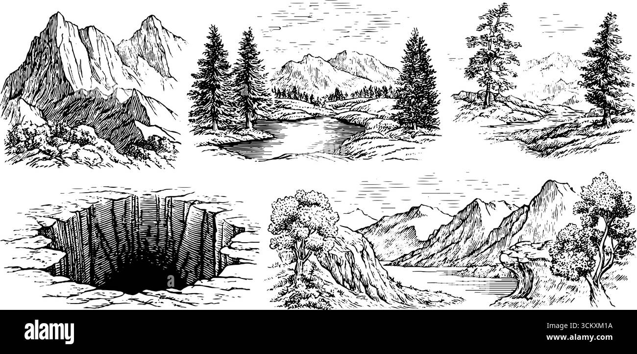 Paesaggi panoramici con ingressi burroni e bacini del lago sopraelevati in opere d'arte in bianco e nero. Illustrazione Vettoriale