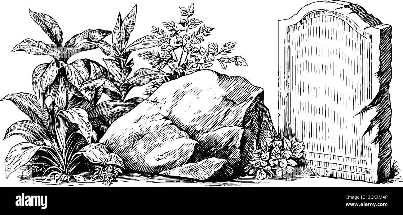 Design rustico del giardino con placca in pietra curva e fogliame. Illustrazione Vettoriale