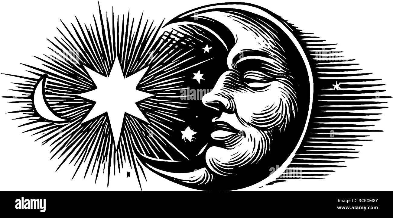 Allineamento celeste: Luna di mezzanotte e ruota a stella per temi mistici. Illustrazione Vettoriale