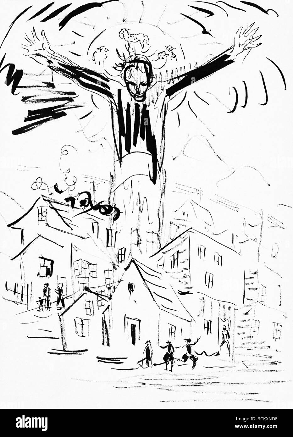 Sketchbook 22: Savior Over the City di Arnold Peter Weisz Kubincan - Slovacco Modernist Expressionist Urban Scene, opera d'arte dell'inizio del XX secolo Foto Stock