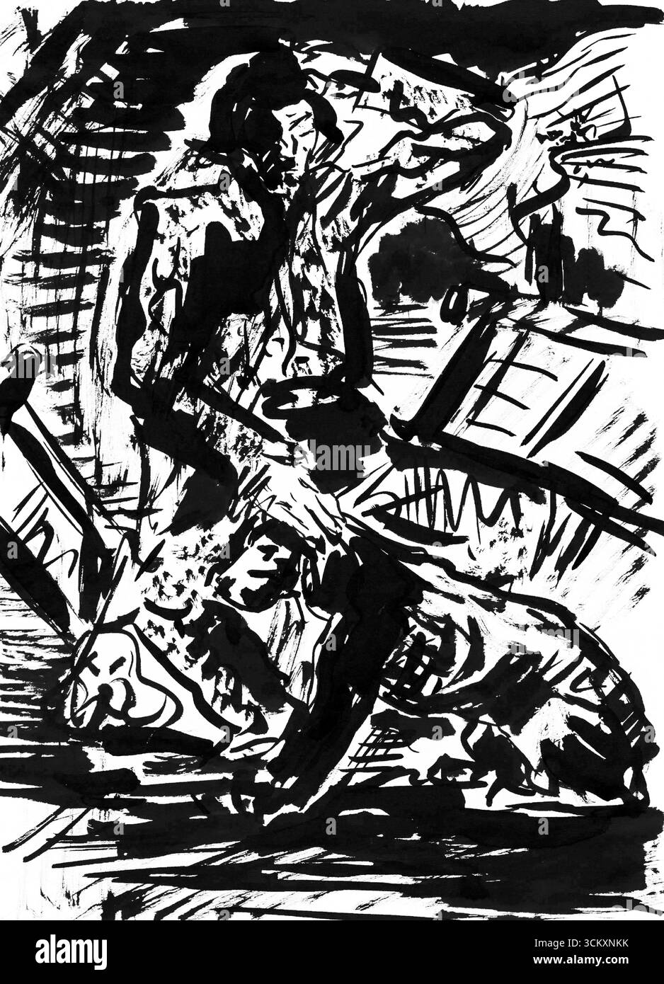 Sketchbook 22: Man Stroking a Dog di Arnold Peter Weisz Kubincan - Slovacco Modernist Expressionist Figurative Scene, opera d'arte dell'inizio del XX secolo Foto Stock