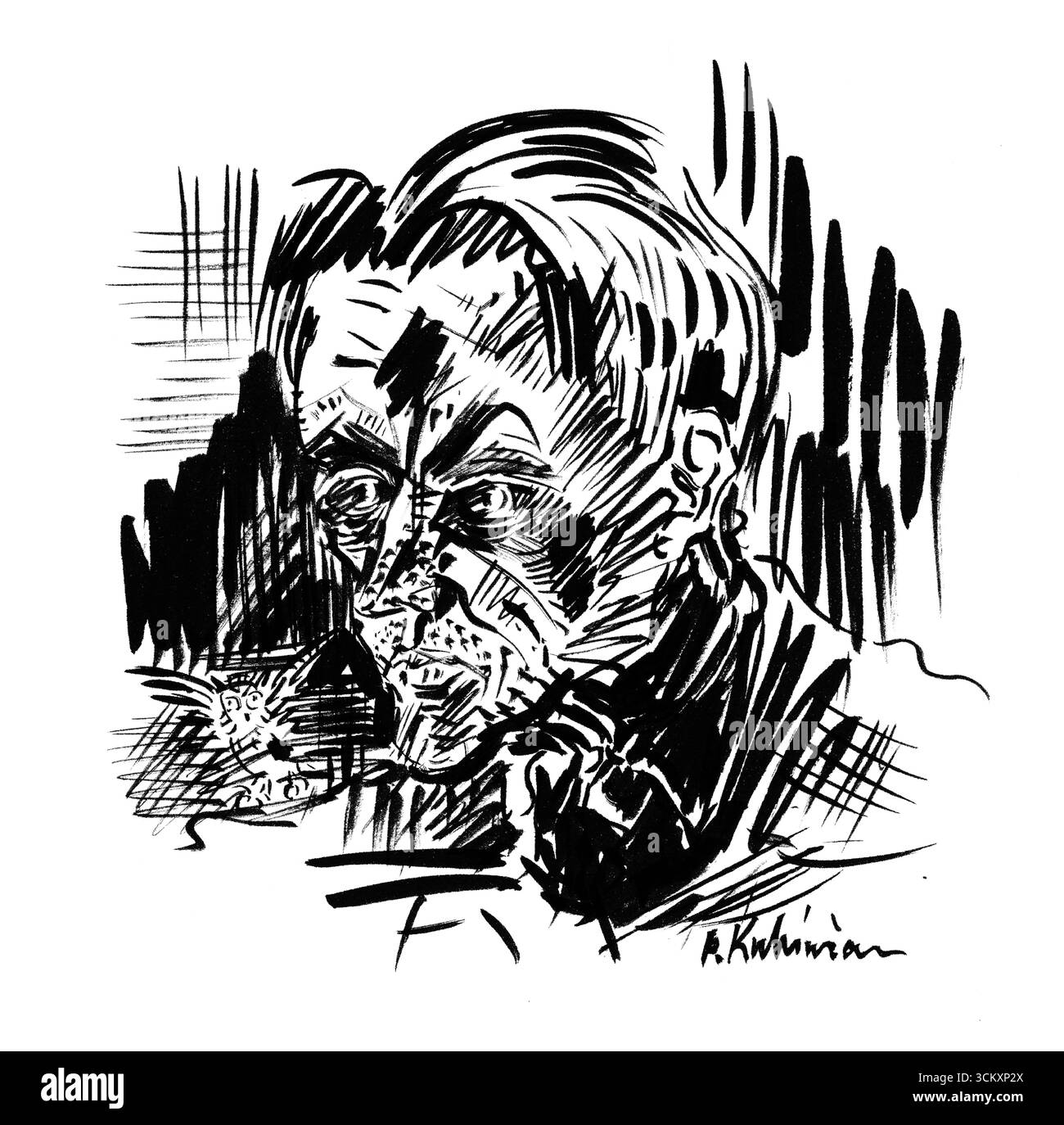 Head of a Man with an Owl di Arnold Peter Weisz Kubincan - Ritratto espressionista modernista slovacco, opera d'arte dell'inizio del XX secolo Foto Stock