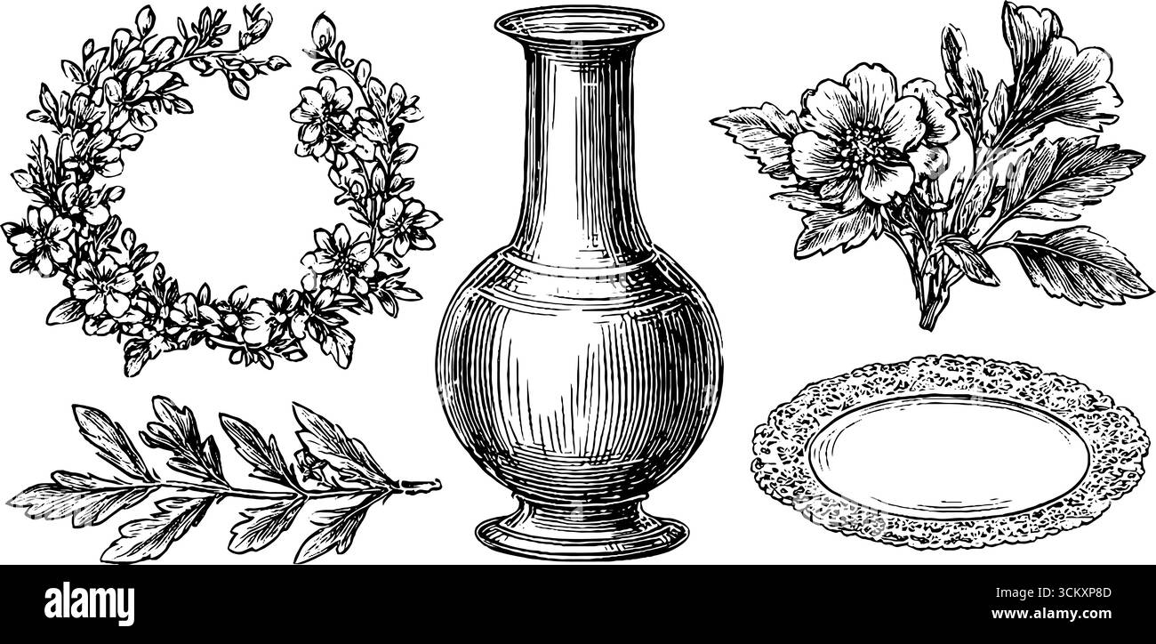 Elementi floreali vintage e vaso in vetro antico per la decorazione. Illustrazione Vettoriale