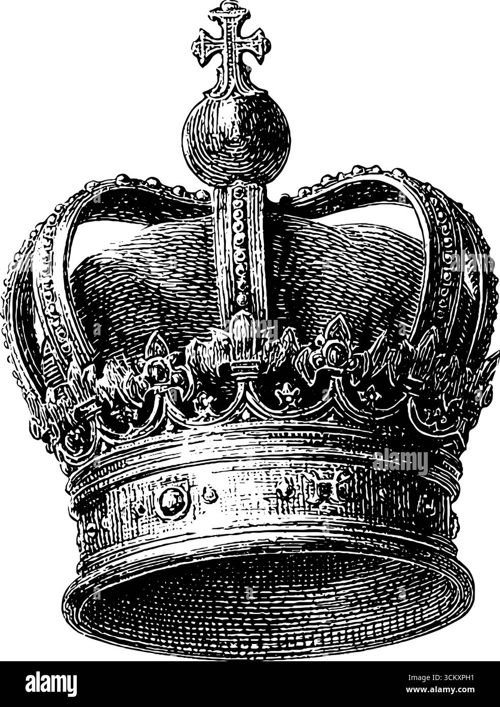 Motivo vintage con spada e corona in classico stile incisione per progetti di design storici. Illustrazione Vettoriale