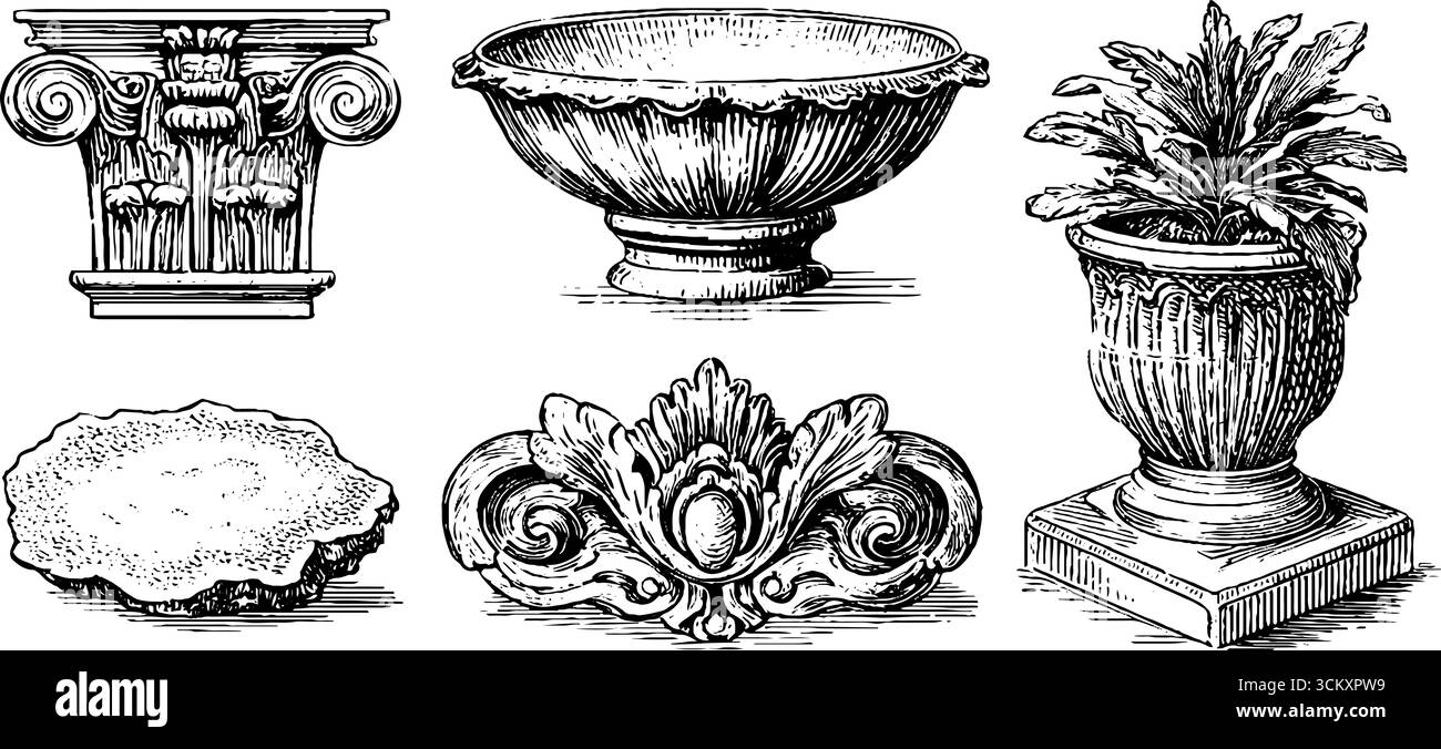 Incisioni ornamentali e dettagli architettonici per progetti di design. Illustrazione Vettoriale