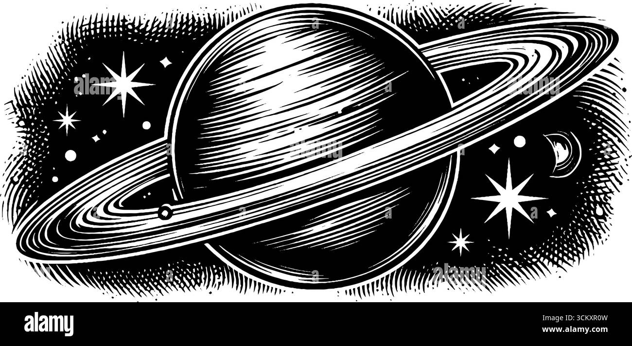 Carta celeste con anello lunare raffigurante pianeta e stelle. Illustrazione Vettoriale