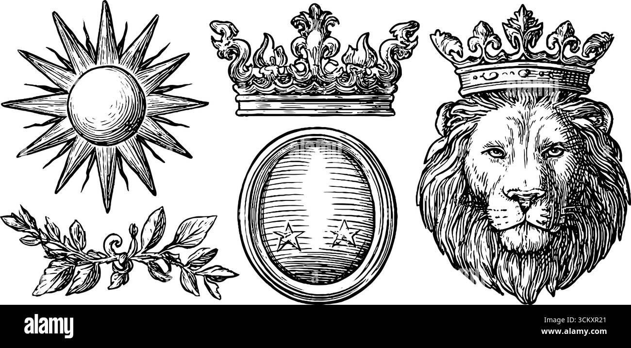 Scoppio di sole vintage, stemma e disegni araldici per le creazioni degli emblemi. Illustrazione Vettoriale