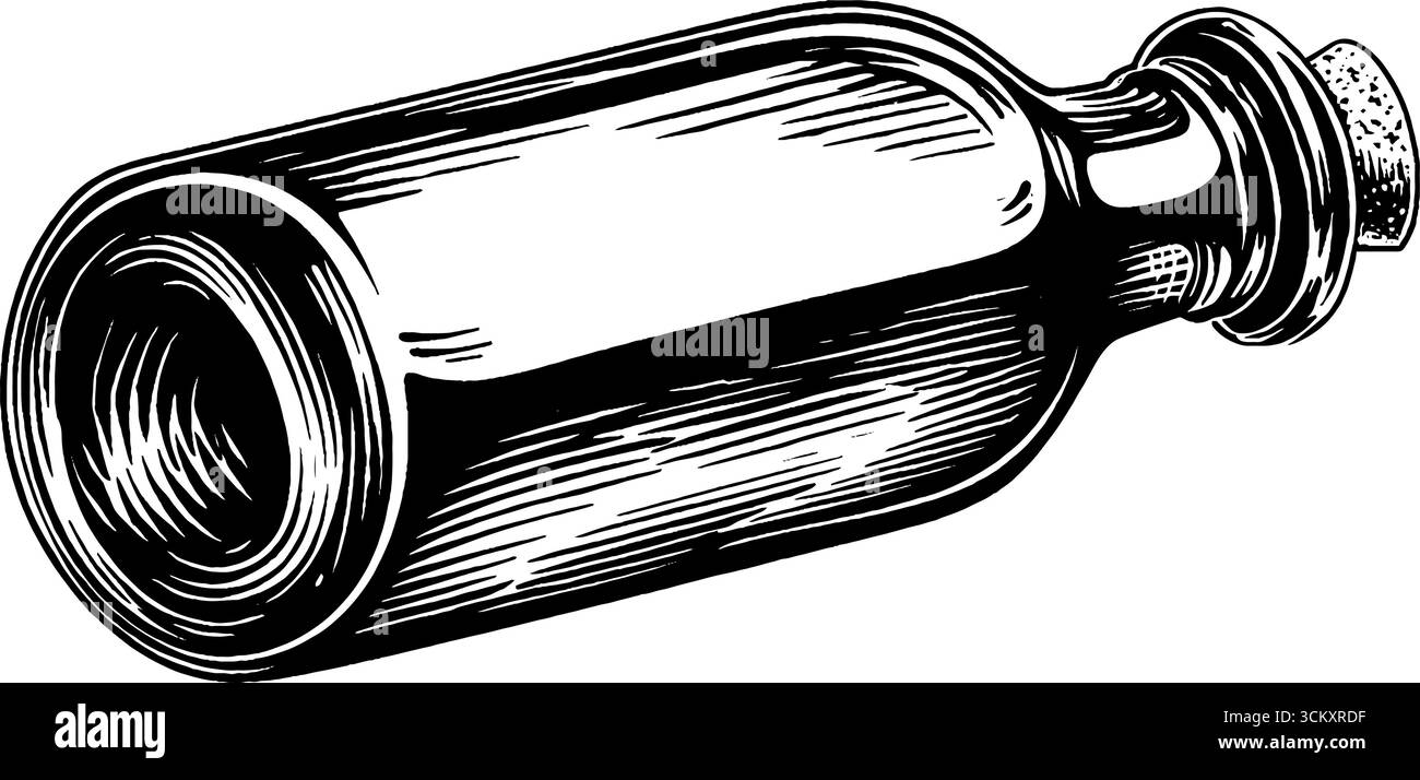 Bottiglia di latte in vetro bianco e nero con sughero su superficie in legno. Illustrazione Vettoriale