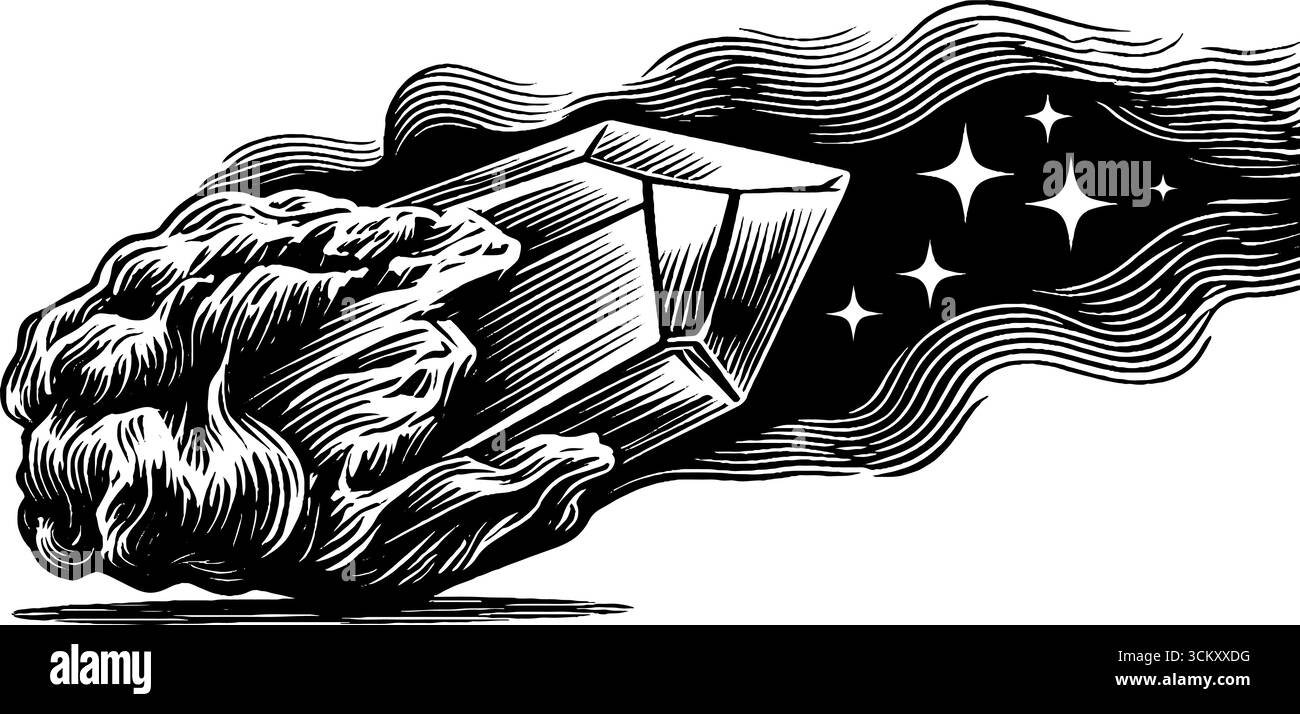 Incantevole cristallo levitante con nebbia mistica e scintillanti stelle. Illustrazione Vettoriale