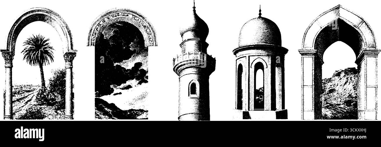Collezione di archi islamici e modelli per l'ispirazione architettonica. Illustrazione Vettoriale