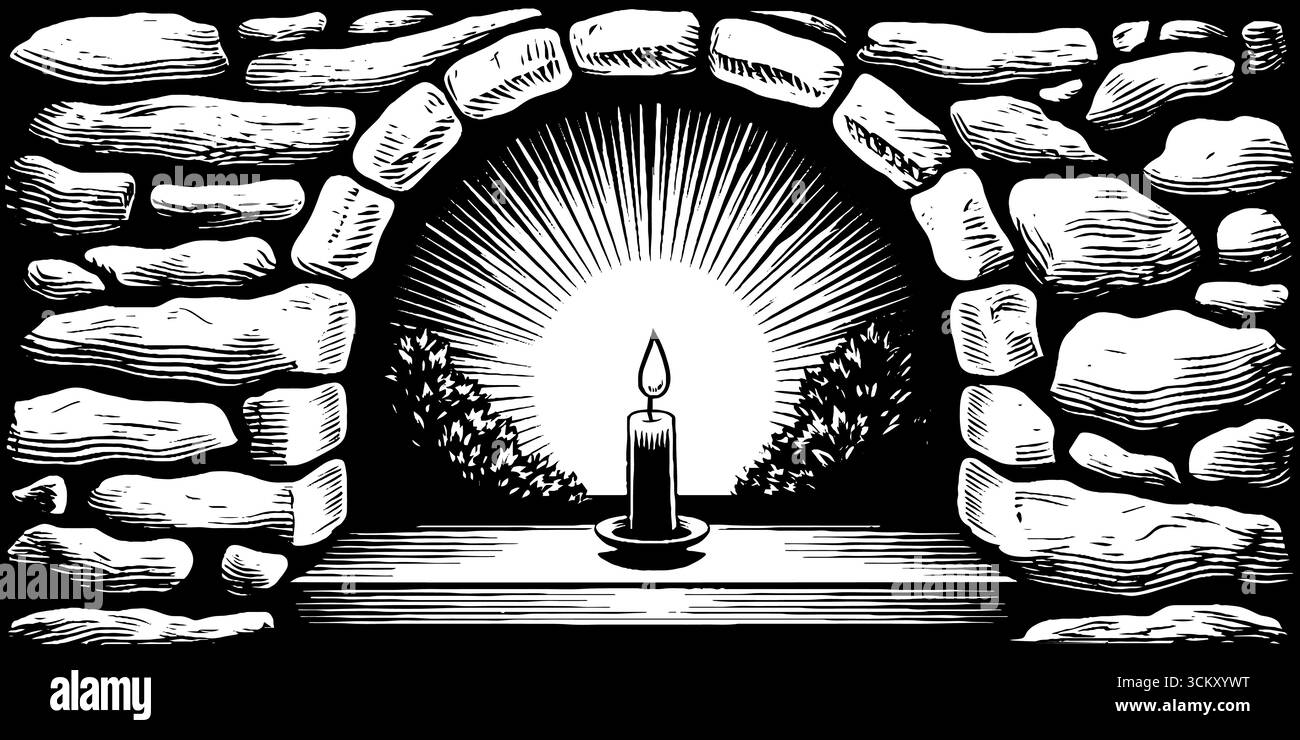 Luce di candela attraverso la finestra ad arco in pietra con un design radioso per un arredamento d'atmosfera. Illustrazione Vettoriale