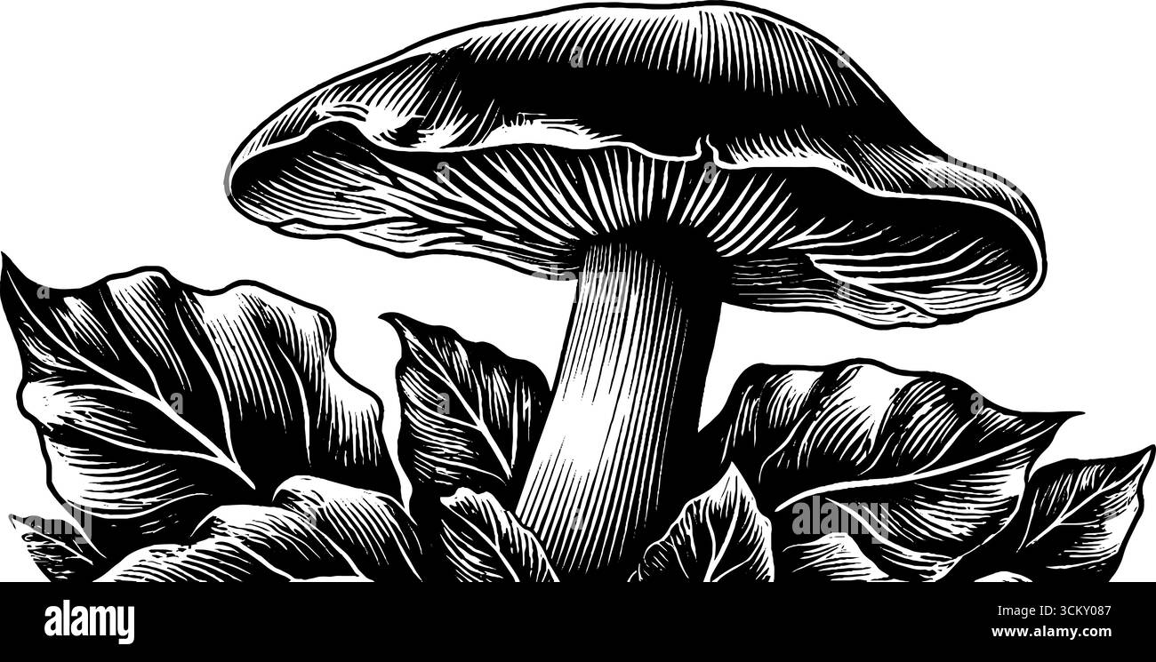 Funghi monocromatici che emergono attraverso foglie cadute per il design della natura e i temi autunnali. Illustrazione Vettoriale