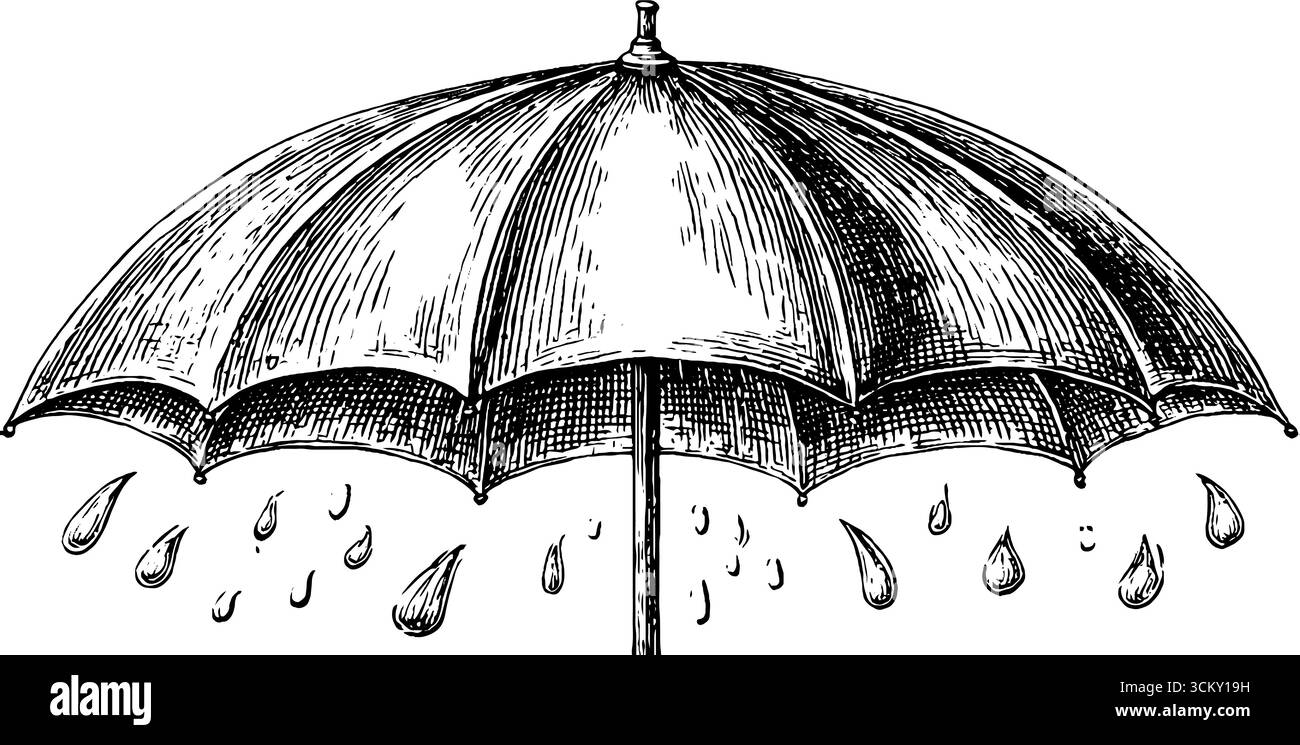 Intricata illustrazione in bianco e nero di un ombrello bagnato dalla pioggia con gocce d'acqua. Illustrazione Vettoriale