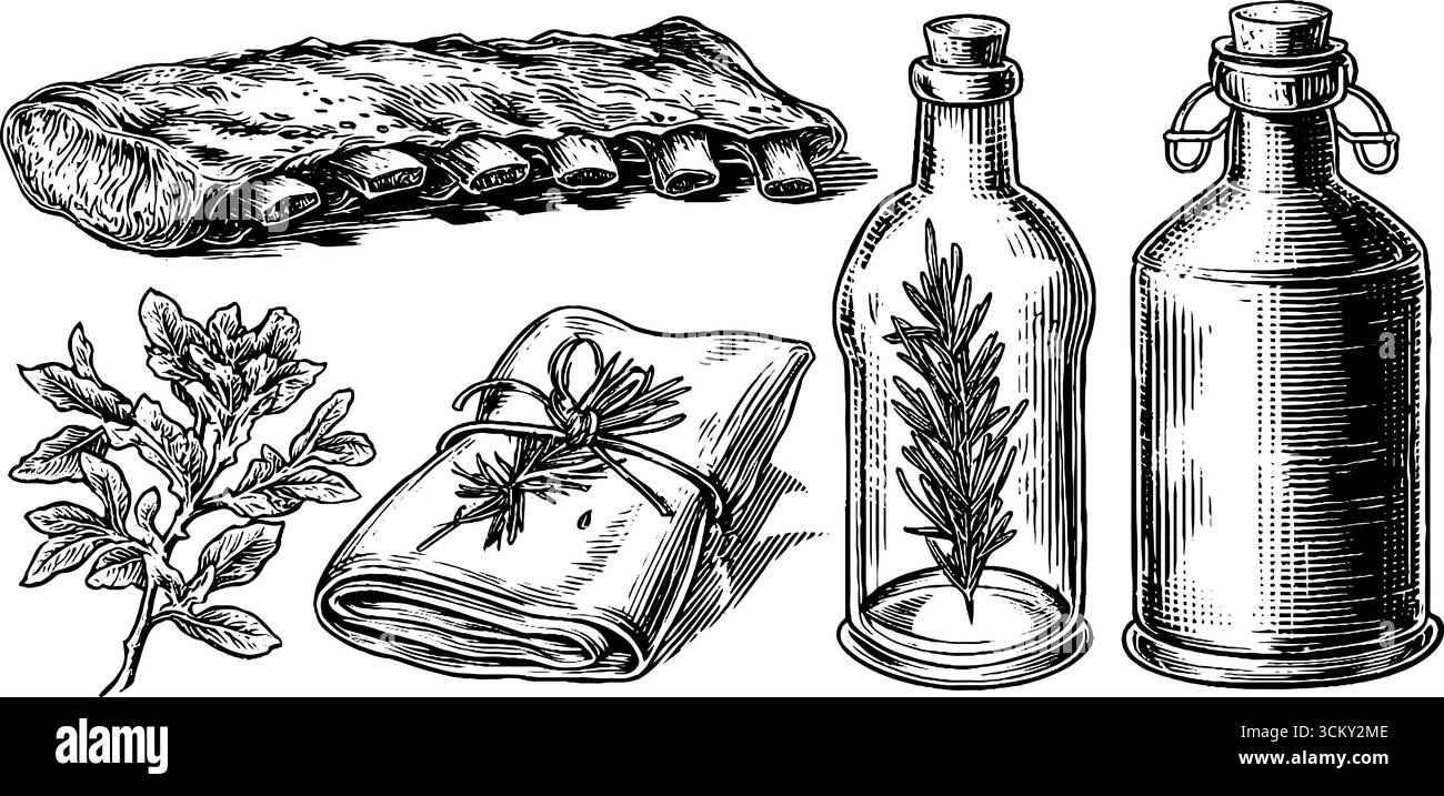 Elementi gastronomici rustici con costolette, brocche di vino e rosmarino. Illustrazione Vettoriale