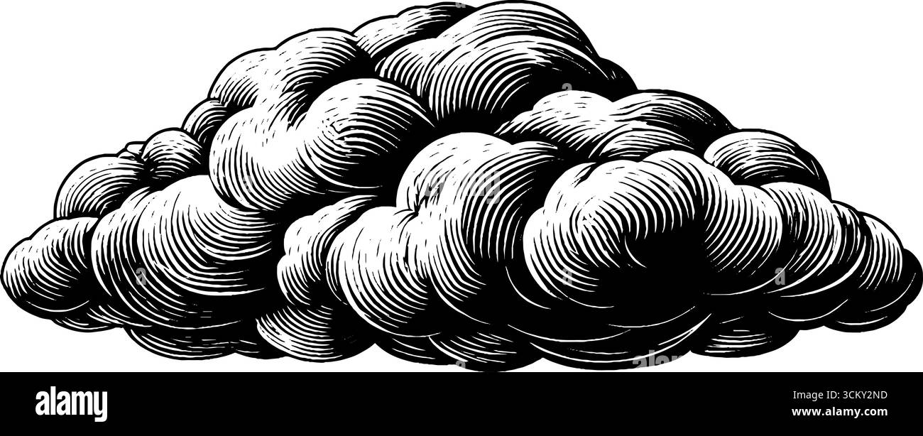 Intricata incisione di un ripiano nuvoloso anteriore freddo con un design in bianco e nero straordinario. Illustrazione Vettoriale