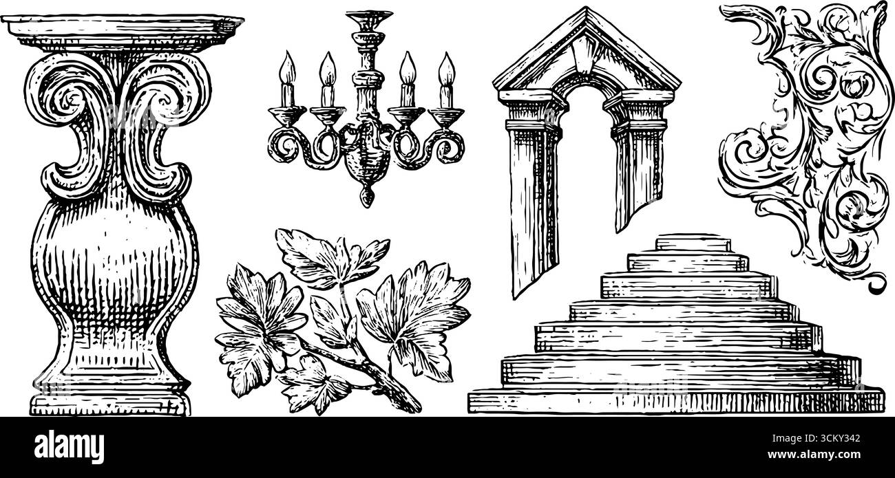 Architettura romana classica ed elementi rococò con disegni decorativi e progetti di design. Illustrazione Vettoriale