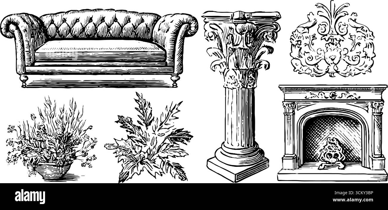 Elementi interni classici con divano in triclinio romano e applique rococò per un arredo storico. Illustrazione Vettoriale