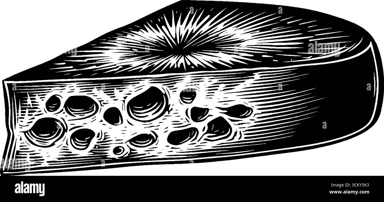 Illustrazione in bianco e nero di una forma di formaggio invecchiato avvolta in un panno. Illustrazione Vettoriale