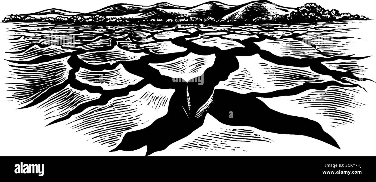 Paesaggio arido di superficie argillosa incrinata con polvere e fratture sottili. Illustrazione Vettoriale