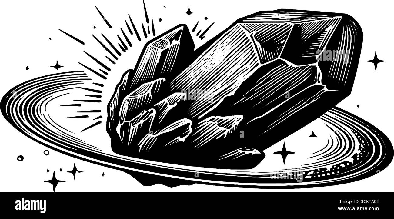 Energia celeste: Frammento di cristallo galleggiante con anelli orbitanti. Illustrazione Vettoriale