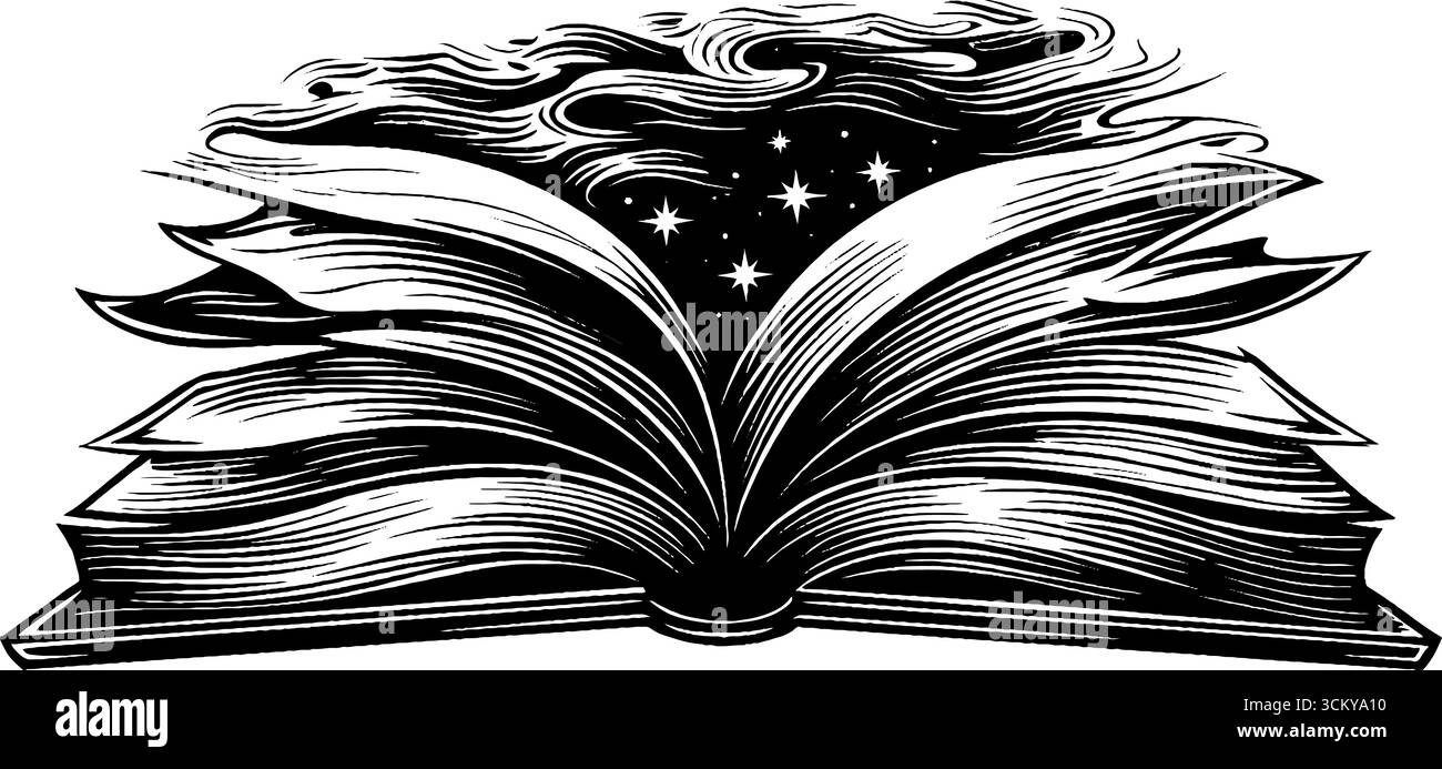 Magico libro galleggiante con stardust Trail per temi fantasia e immaginazione. Illustrazione Vettoriale