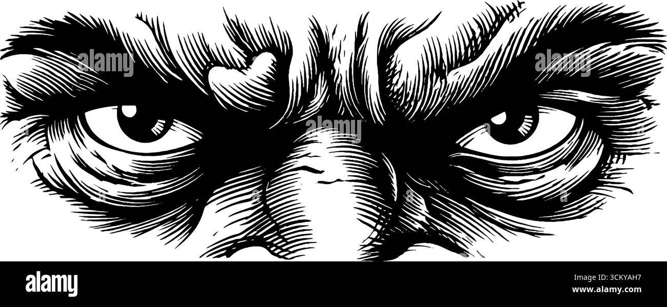 Espressione intensa di una fronte solcata e occhi in stile artistico bianco e nero. Illustrazione Vettoriale