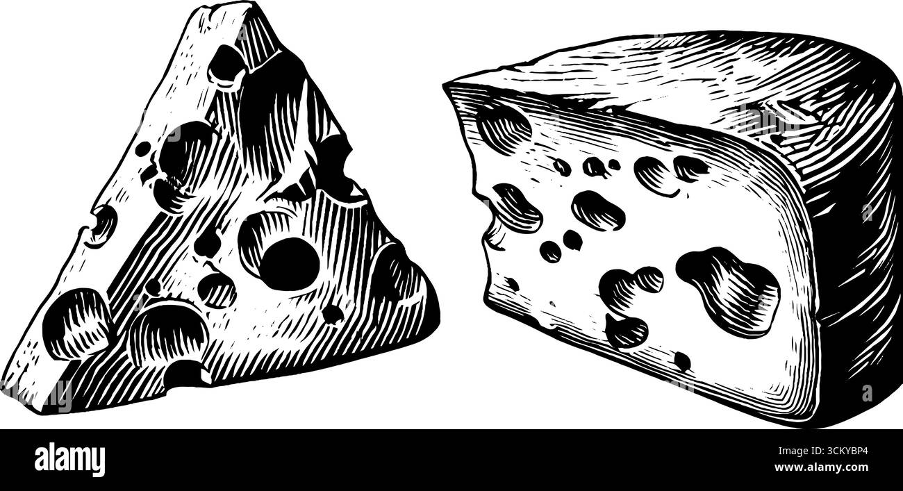 Set di formaggi blu vintage disegnati a mano con tagli di vena granigliata e muffa per disegni culinari. Illustrazione Vettoriale