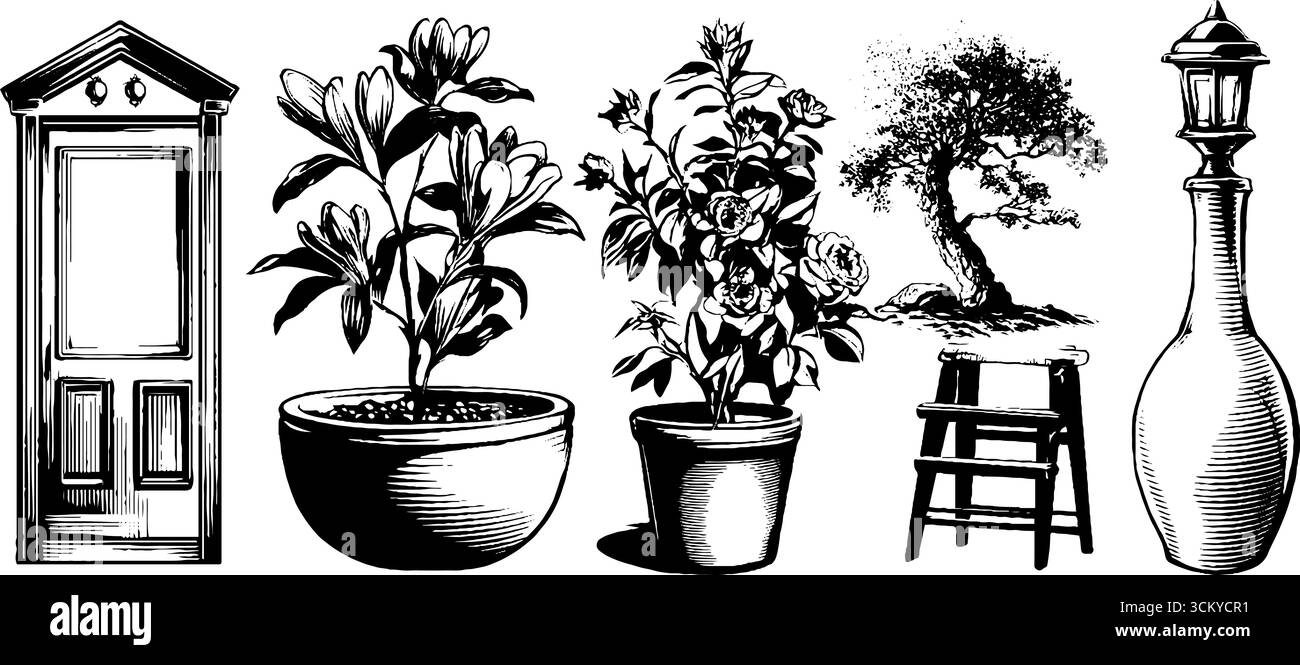 Mobili e oggetti in stile boho disegnano per il design e l'arredamento degli interni. Illustrazione Vettoriale