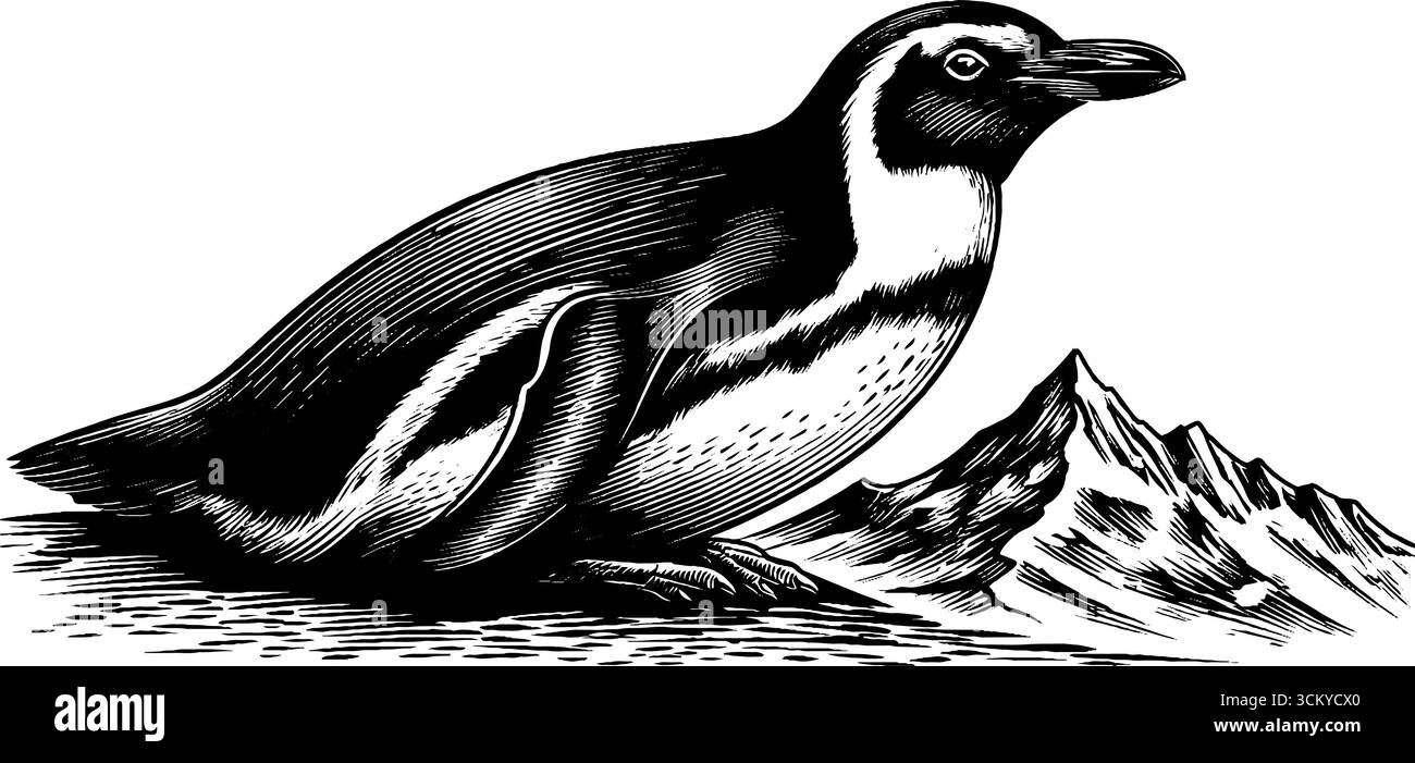 Pinguino monocromatico su un paesaggio innevato per temi naturalistici e naturalistici. Illustrazione Vettoriale