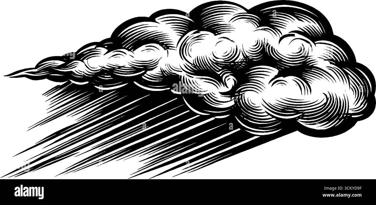 Nuvola di tempesta bianca e nera astratta con linee di pioggia angolate per un design artistico. Illustrazione Vettoriale