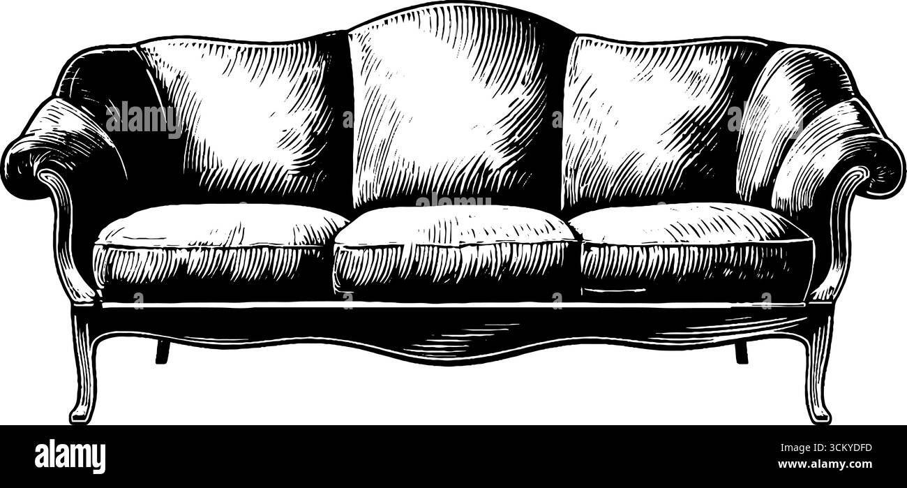 Elegante divano in velluto ricurvo con cuciture chevron per interni dal design vintage. Illustrazione Vettoriale