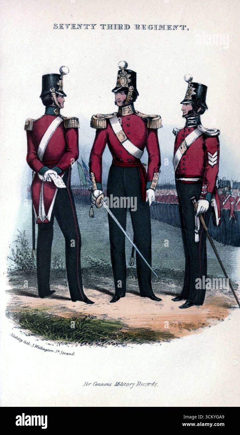 Costume del reggimento da record del Seventy-Third Regiment: Contiene un resoconto della formazione del reggimento dal periodo in cui è stato creato come secondo battaglione dei Forty-Second Royal Highlanders nel 1780, e dei suoi servizi successivi fino al 1851. Illustrazione militare inglese d'epoca, XIX secolo Foto Stock