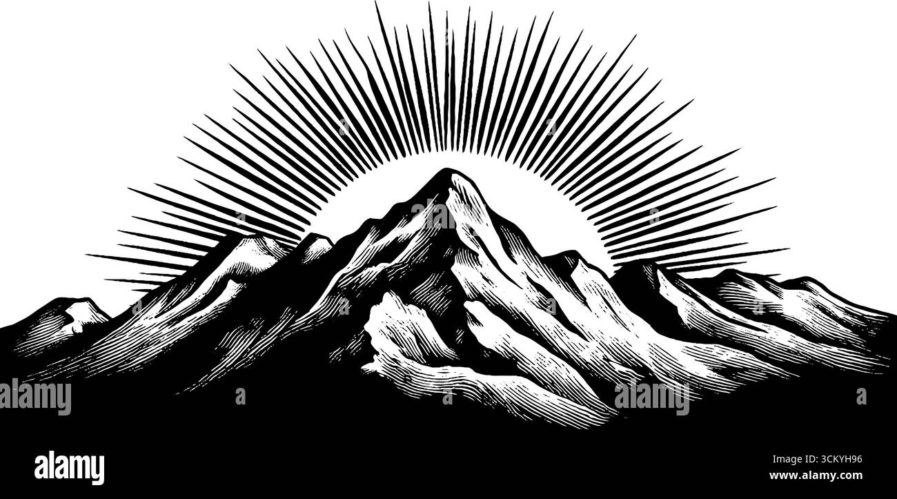 Maestosa vetta geometrica di montagna con raggi solari radianti per temi naturali. Illustrazione Vettoriale