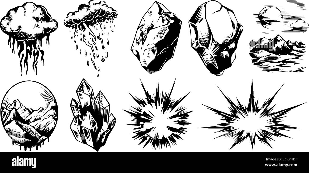 Elementi atmosferici vintage e schizzi di montagne ghiacciate per il design. Illustrazione Vettoriale