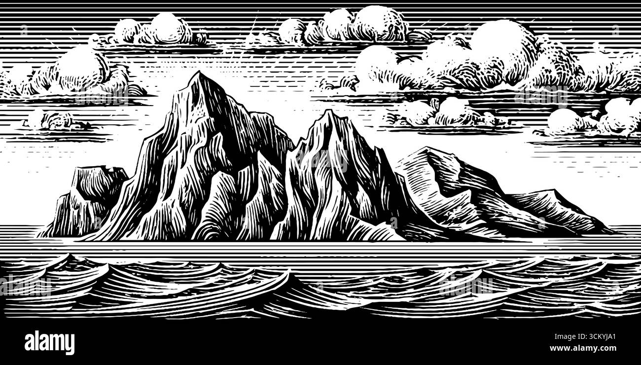 Iceberg e campo marino in un paesaggio polare in bianco e nero. Illustrazione Vettoriale