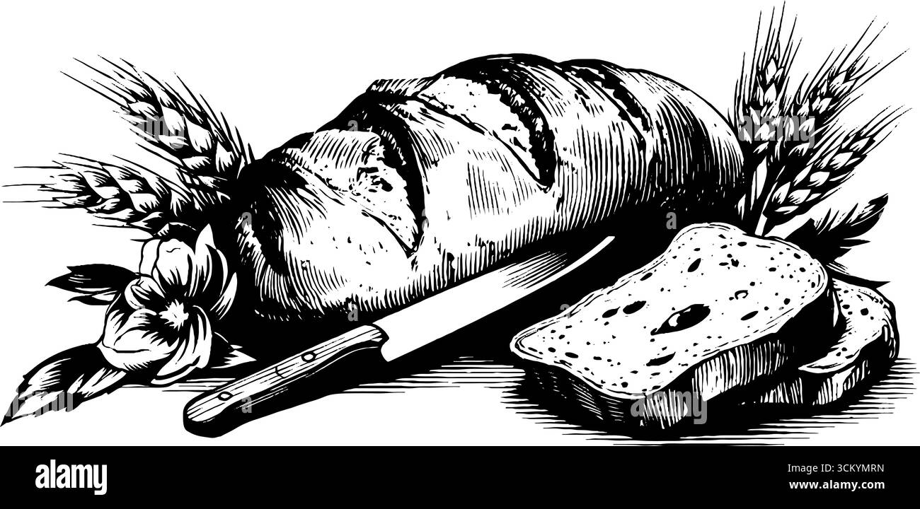 Pane rustico con coltello per tagliare e affettare in stile vintage per un design culinario. Illustrazione Vettoriale