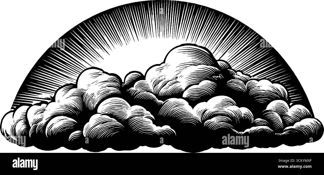 Arco arcobaleno monocromatico dietro le nuvole: Fenomeno naturale surreale nell'arte in bianco e nero. Illustrazione Vettoriale