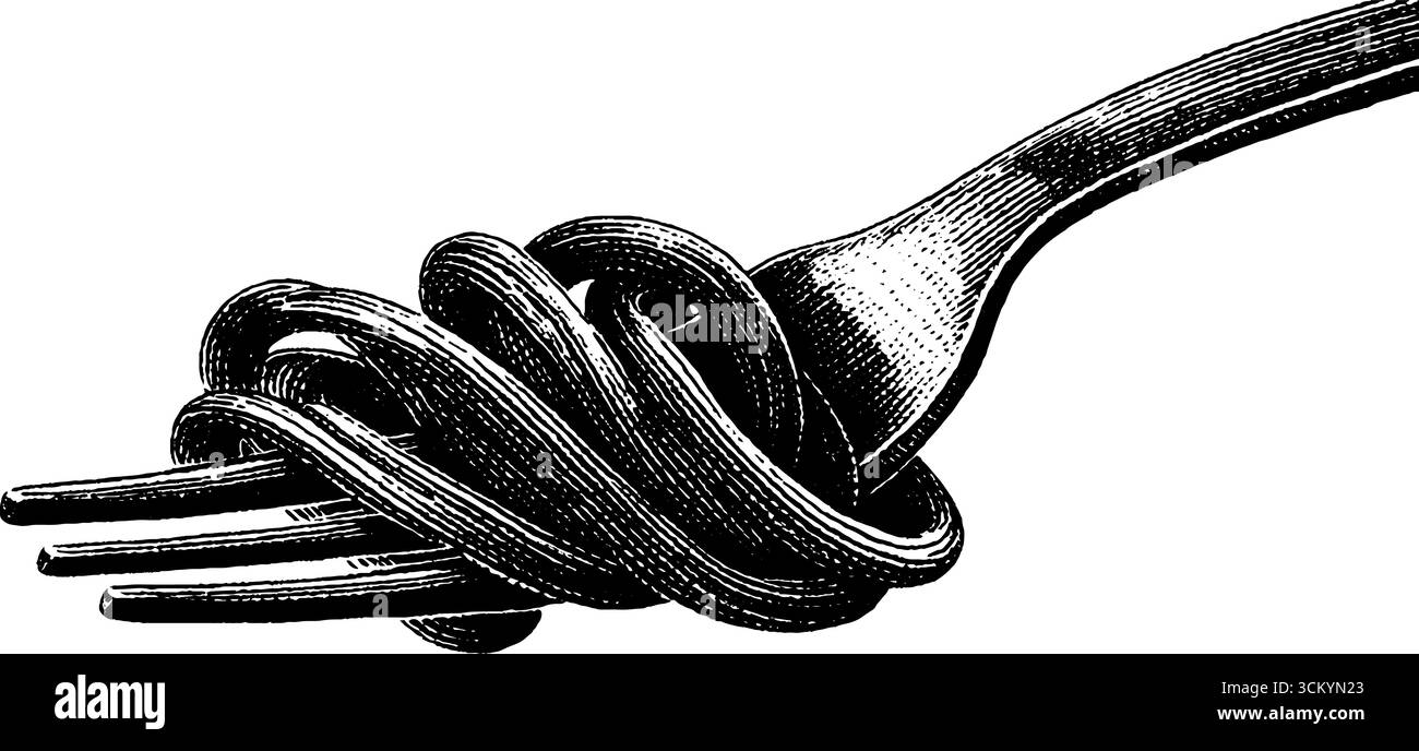 Forchetta disegnata a mano con turbolenza di spaghetti e illustrazione di pomodori per piatti della cucina italiana. Illustrazione Vettoriale