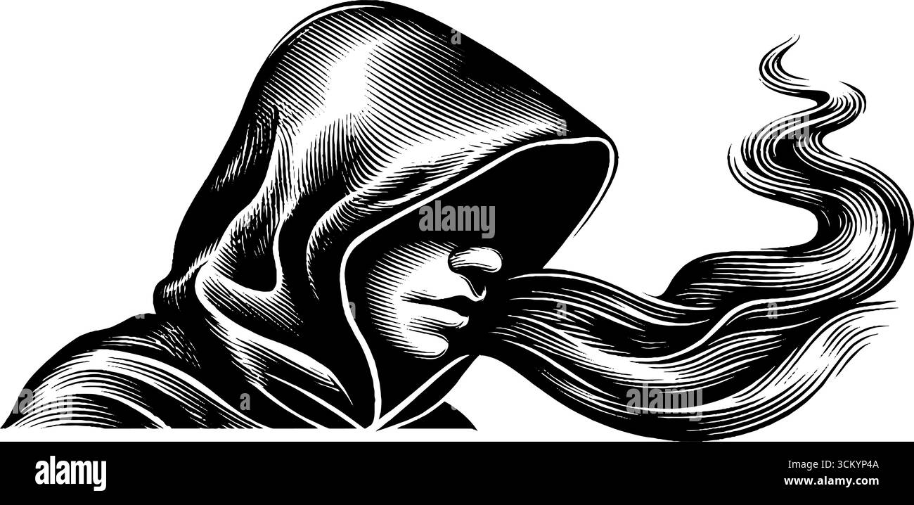 Misteriosa figura incappucciata in fumo - arte in bianco e nero per un design creativo. Illustrazione Vettoriale