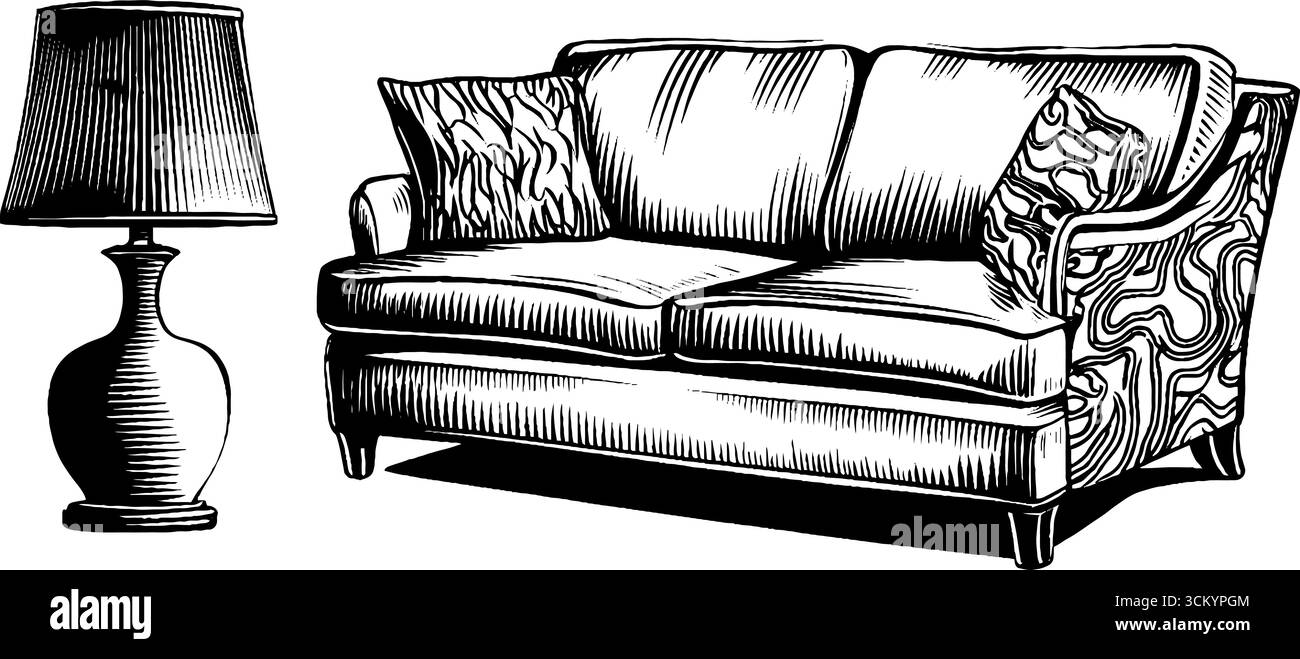 Divano audace in stile memphis con motivi a forma di scoiattolo che ispirano il design degli interni. Illustrazione Vettoriale