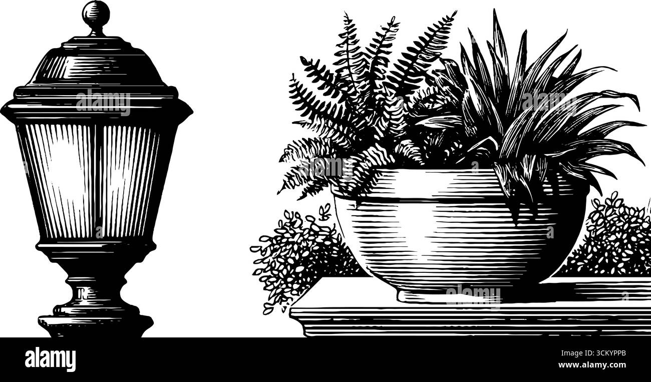 Piantatrice rialzata vintage con guida decorativa e vialetti per il design del giardino. Illustrazione Vettoriale