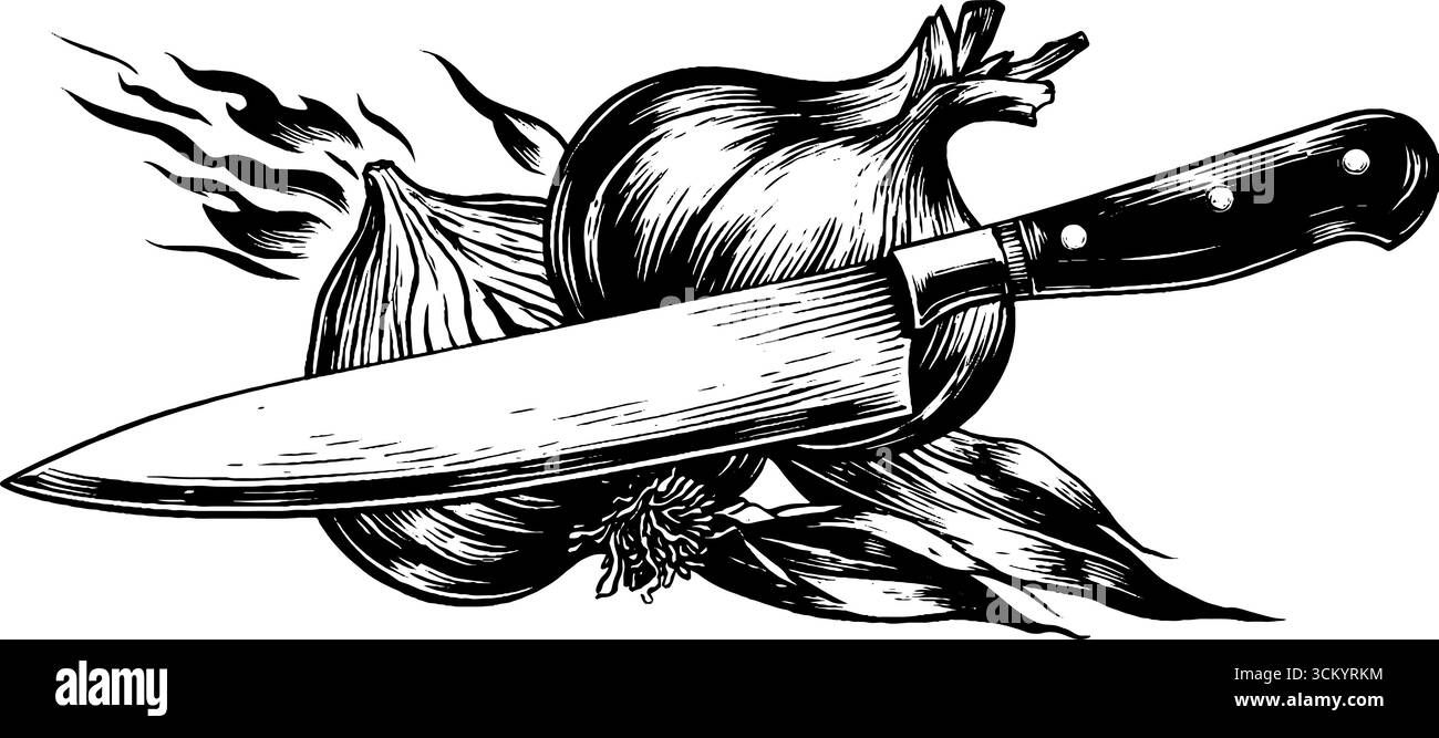 Coltello da cuoco vintage con illustrazione delle cipolle per un design e un arredamento culinari. Illustrazione Vettoriale