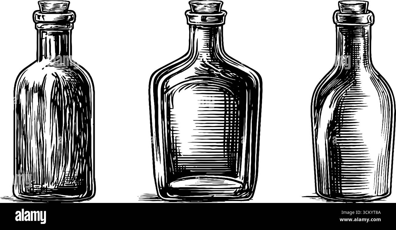 Messaggio vintage in una collezione di schizzi di bottiglie per il design e l'arredamento nautici. Illustrazione Vettoriale
