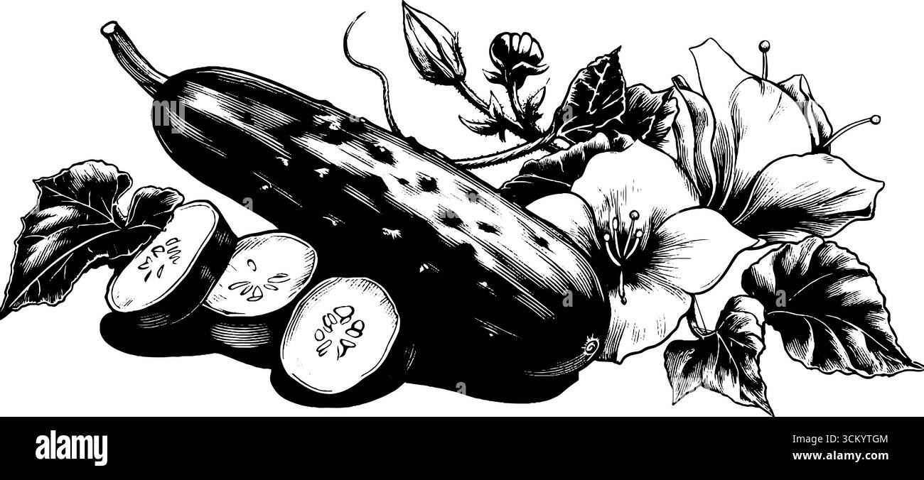 Composizione vintage di cetrioli con cetriolo intero, fette ed elementi floreali per un design retrò. Illustrazione Vettoriale