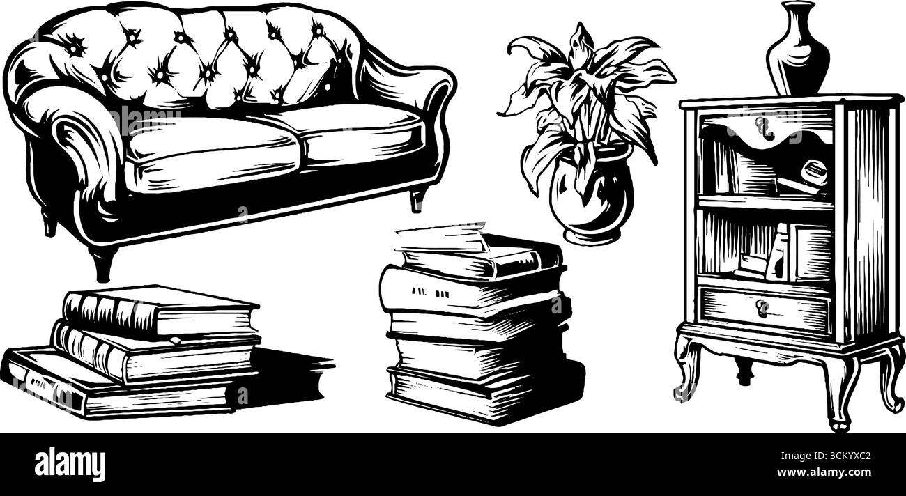 Arredi in stile art deco e oggetti decorativi per interni e arredamento vintage. Illustrazione Vettoriale