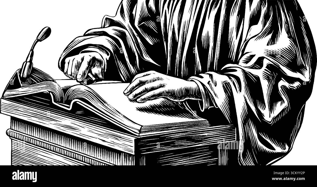 Scena di conferenze accademiche con professore sul podio che legge da libro aperto. Illustrazione Vettoriale Scena di conferenze accademiche con professore sul podio che legge da libro aperto. Illustrazione Vettoriale