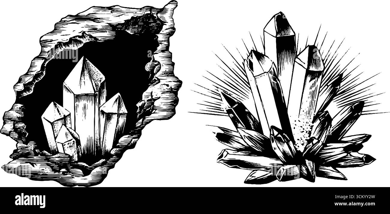Cristalli di ametista e arte murale in grotta per uso decorativo o di design. Illustrazione Vettoriale